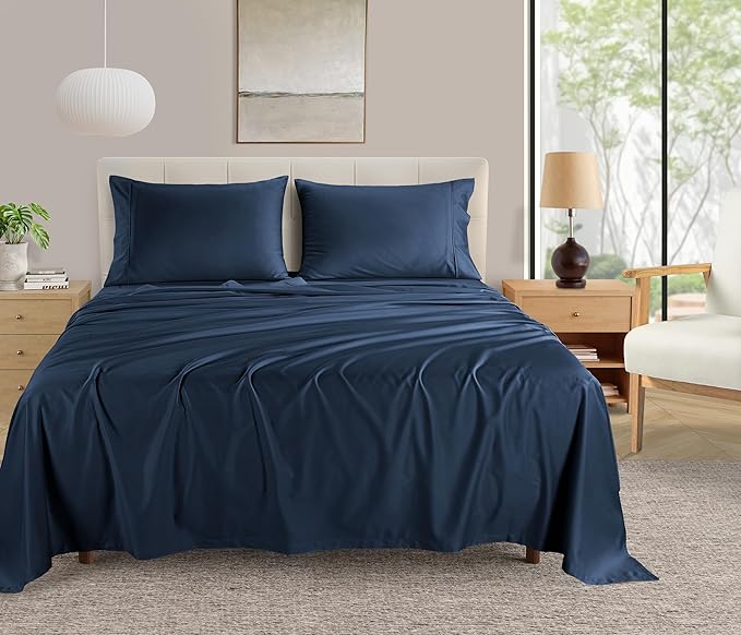 400 Thread Count Queen Size Sheets, 15" Deep Pocket Queen Sheets, Soft Sateen Weave, Naturally Cooling & Breathable Machine Washable 4 Piece Elasticated Sheet & Pillowcase Sets- Navy