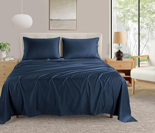 100% Cotton Sheets King Size Sheets Set With Fitted Sheet & Pillowcase Sets, 400 Thread Count Sateen Weave 4 Piece Deep Pocket King Sheet Set, Soft & Comfy Naturally Cool Luxury Bedding- Navy