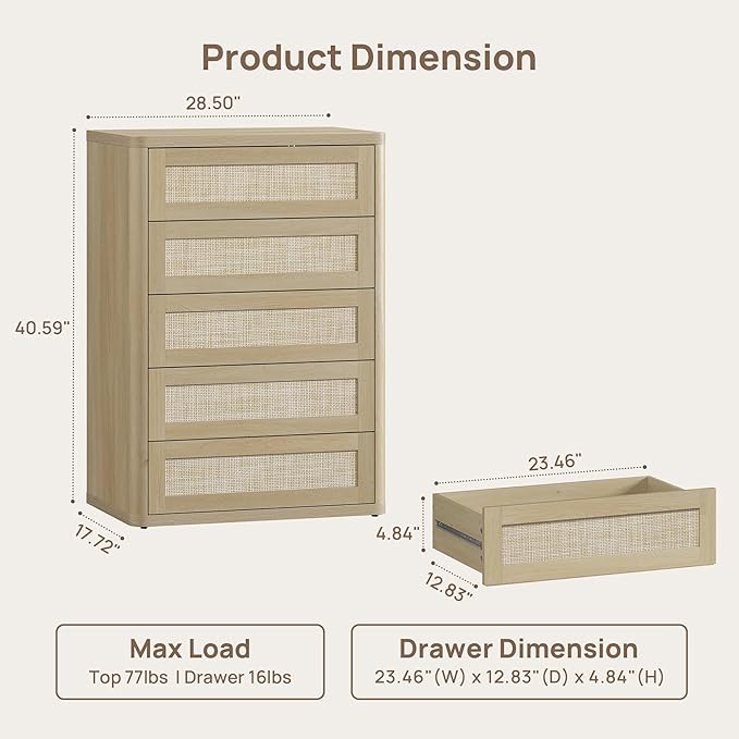 SICOTAS Tall Dresser for Bedroom - Rattan 5 Drawer Dressers Chest of Drawers with Push-to-Open Design, Boho Extra Deep Clothes Dresser with Large Storage for Closet, Living Room, Sand Oak, 3PCS