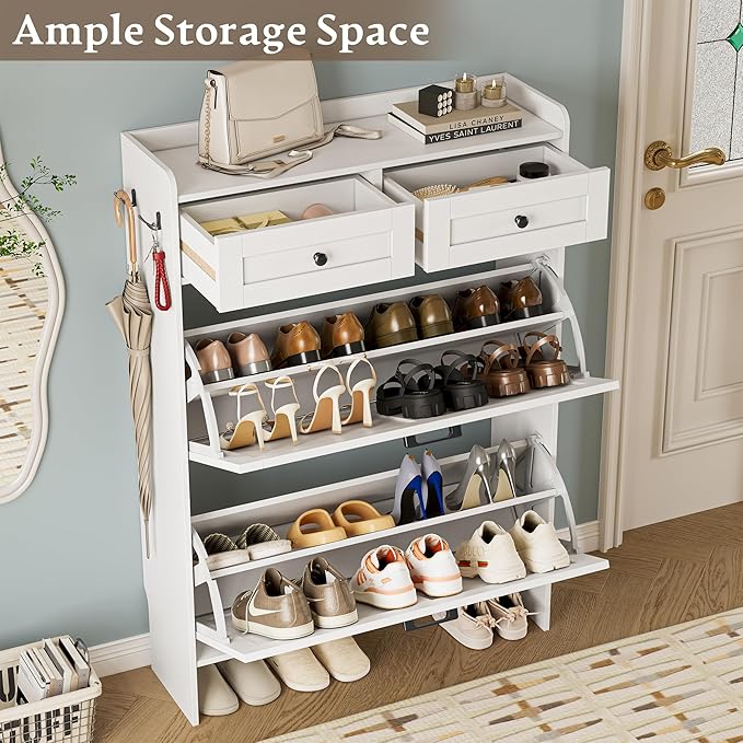 Shoe Storage Cabinet for Entryway, Farmhouse Narrow Shoe Cabinet with 2 Flip Drawers & Top Drawers, Adjustable Shelves & Hooks, Freestanding Hidden Rack Organizer for Hallway, Foyer