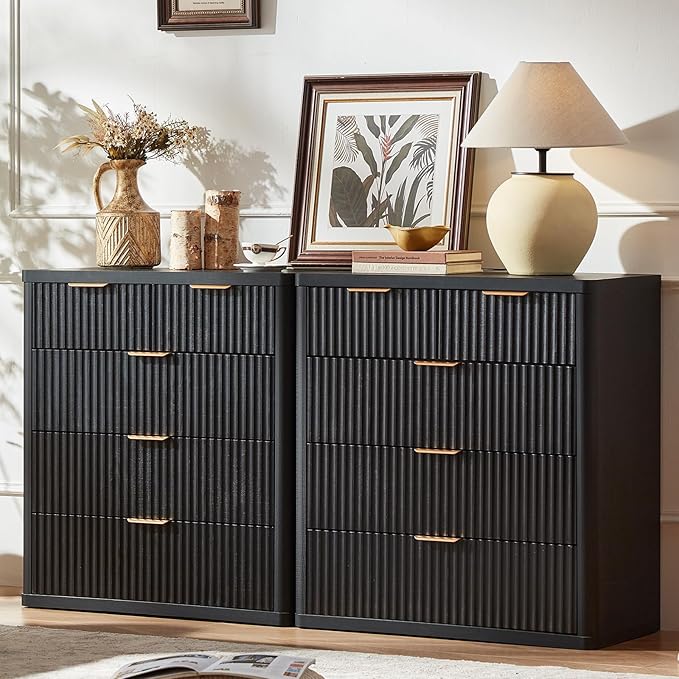 LEYAOYAO Fluted 5 Drawers Dresser for Bedroom Set of 2, 34" Tall Modern Chest of Drawers with Metal Handle, Curved Profile Design,Black Wood Drawer Organizer for Bedroom, Living Room, Hallway