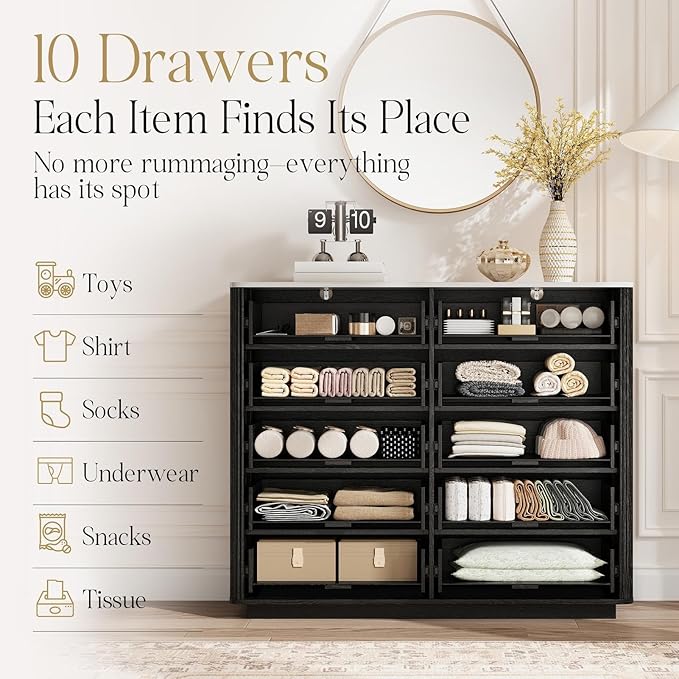 Fluted Drawers Dresser for Bedroom with 10 Drawers, 42'' Wide Mid Century Dressers with Faux Marble Top & Metal Handle, Wooden Chest of Drawers TV Stand, Natural Wood Closet Storage Organizer,Black