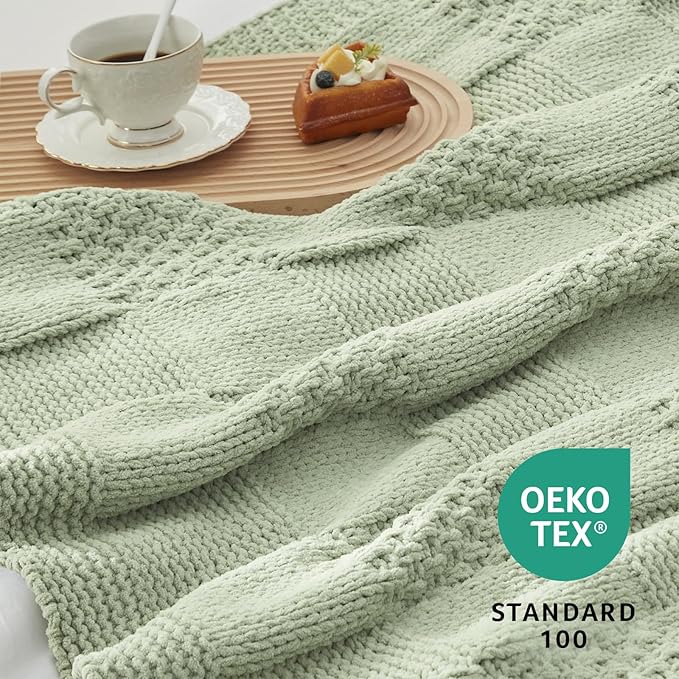 Amélie Home Checkered Chenille Knit Throw Blanket for Couch, Classic Texture Decorative Soft Blanket for Sofa, Chair & Bedroom, 60"x80", Sage Green