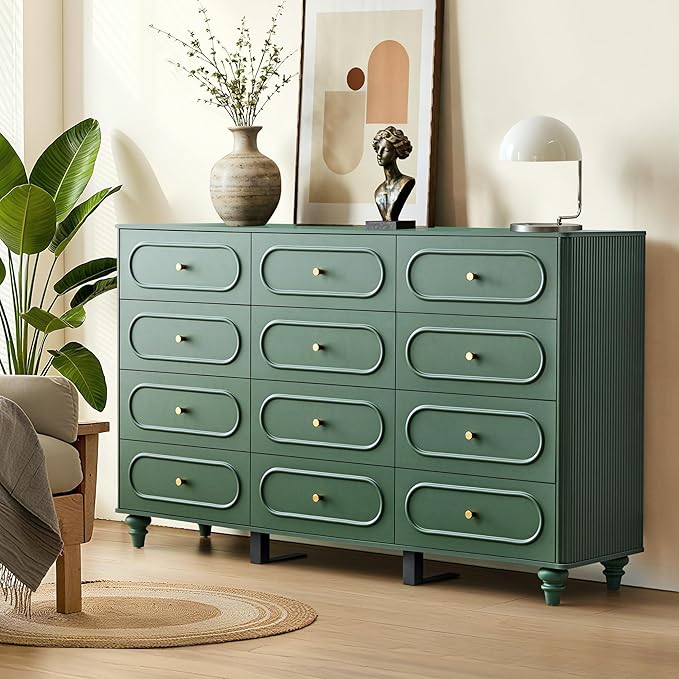 12 Drawer Fluted Dresser for Bedroom, Mid Century Modern Chest of Drawers, Wood Storage Small Dresser Organizer for Bedroom Living Room Hallway Closet, Green