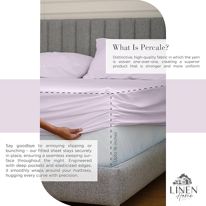Linen Home 100% Cotton Percale Sheets Queen Size, Iris Lilac, Deep Pocket, 4 Pieces Set - 1 Flat, 1 Deep Pocket Fitted Sheet and 2 Pillowcases, Crisp Cool and Strong Bed Linen