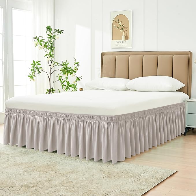 Biscaynebay Wrap Around Bed Skirts for Queen Beds with 18" Drop, Camel Grey Adjustable Elastic Dust Ruffles Easy Fit Wrinkle Resistant Silky Luxurious Fabric Machine Washable