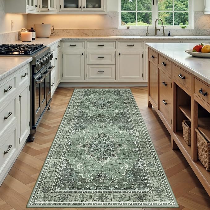 Area Rugs 3'x6' Washable Non-Slip, Floral Vintage Distress Print Pattern Medallion Carpet for Living Room Bedroom Dining Room, Dark Green Gray