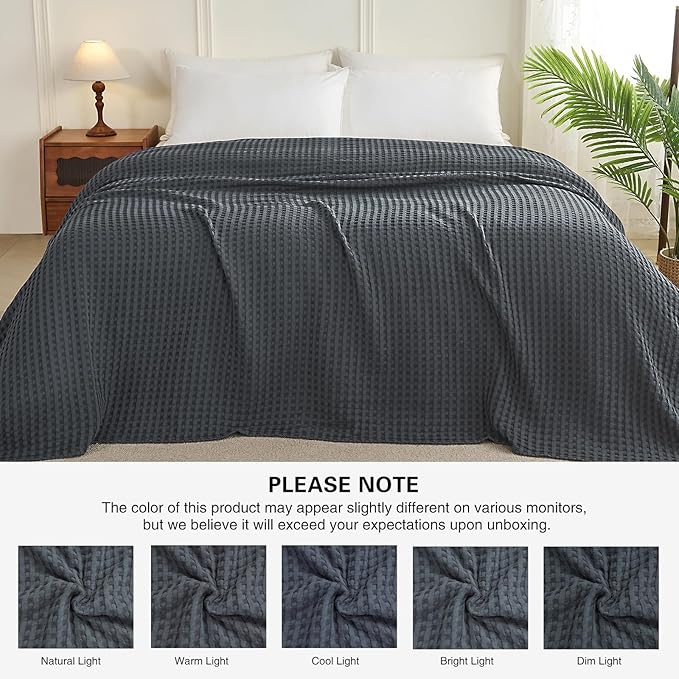 Aganear Waffle Blanket - Lightweight Breathable Summer Blanket of 50% Cotton and 50% Rayon Derived from Bamboo for Hot Sleepers Luxury Throws for Bed, Couch and Sofa,Dark Grey,90x90 Inches