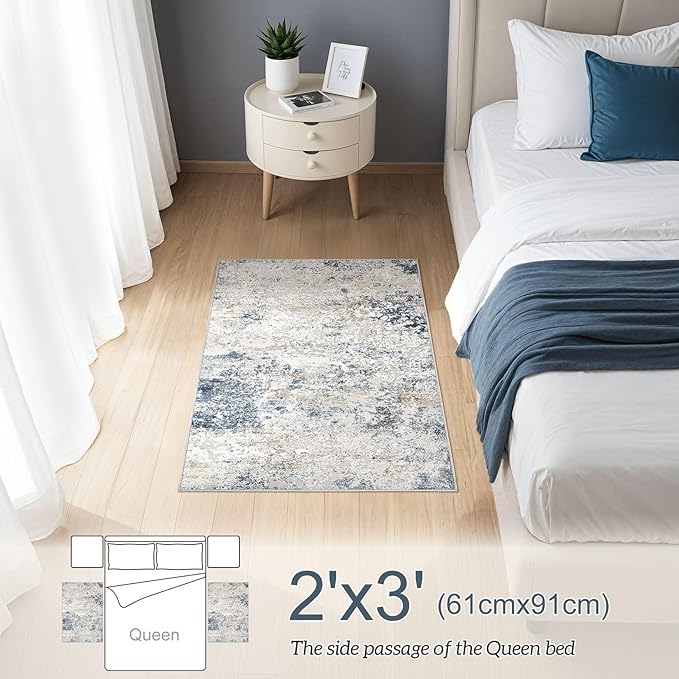 2x3 Entryway Area Rug: Washable Neutral Modern Abstract Small Rug - Non-Slip Low Pile Throw Indoor Carpet for Entrance Kitchen Front Door Mat Bathroom Entry Kids Room - Beige Blue