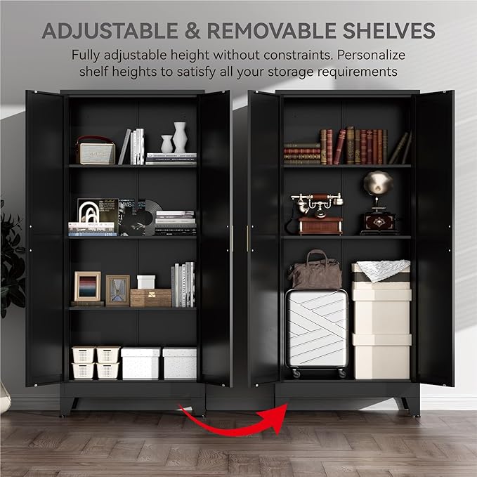 Farmhouse Pantry Cabinet with Barn Doors,61" H x 27.5" W,Metal Cabinet with Adjustable Shelves,4-Tier Storage Cabinet for Kitchen Dining Room Garage Office,Black