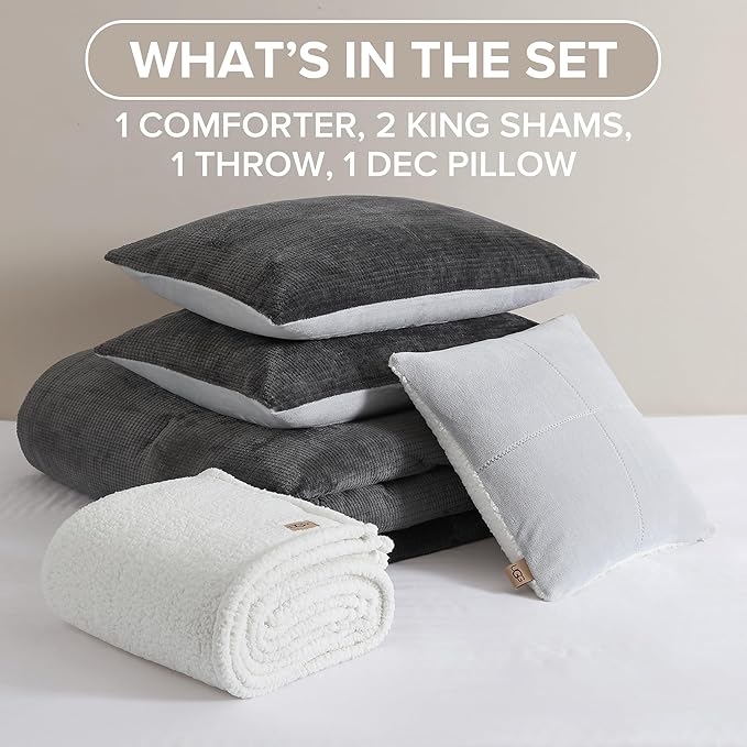 UGG Comforter Set 5 Piece Bed in a Bag with Throw Blanket, Decorative Pillow, Shams, and Reversible Comforter Hypoallergenic Washable Luxury Warm Fluffy Bedding Set, Charcoal Grey, King Size (Remina)
