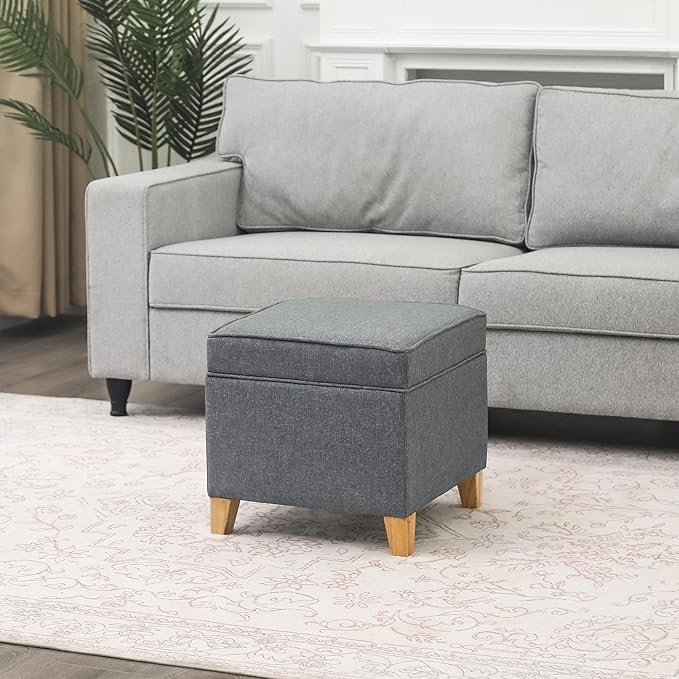 Adeco 17.5" Square Fabric Ottoman with Storage, Upholstered Cotton Linen Foot Rest, Flip Top Footstool, Small Cube Coffee Table Extra Seat for Living Room, Bedroom, Grey with Burlywood Legs