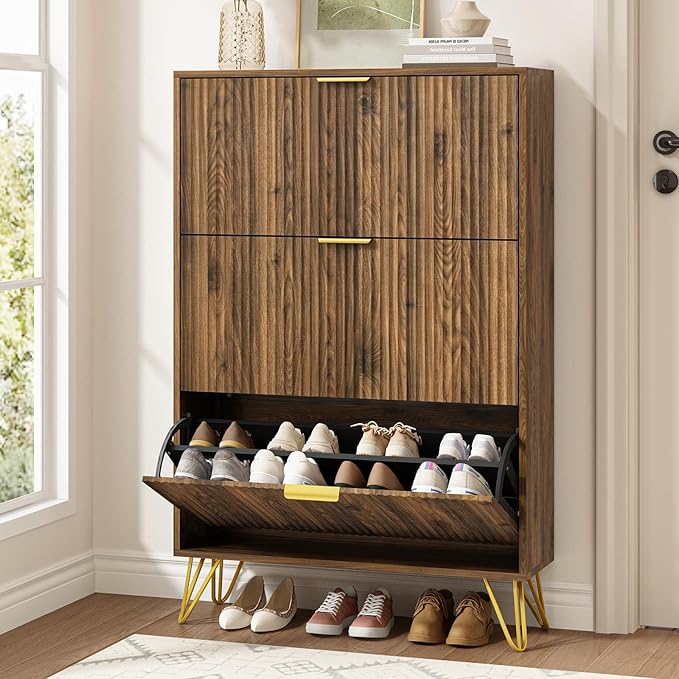 Shoe Cabinet with 3 Flip Drawer, Mid Century Shoe Cabinet Storage for Entryway Slim, Hidden Shoe Storage Cabinet, Freestanding Shoes Rack Organizer for Entryway, Walnut