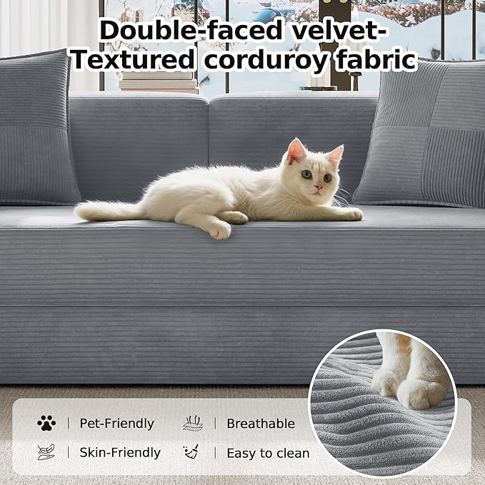78.8" Convertible Futon Sofa Bed,Corduroy Futon Couch with Storage Pocket,Folding Pull Out Sofa,No Assembly Boneless Couch for Living Room,Grey