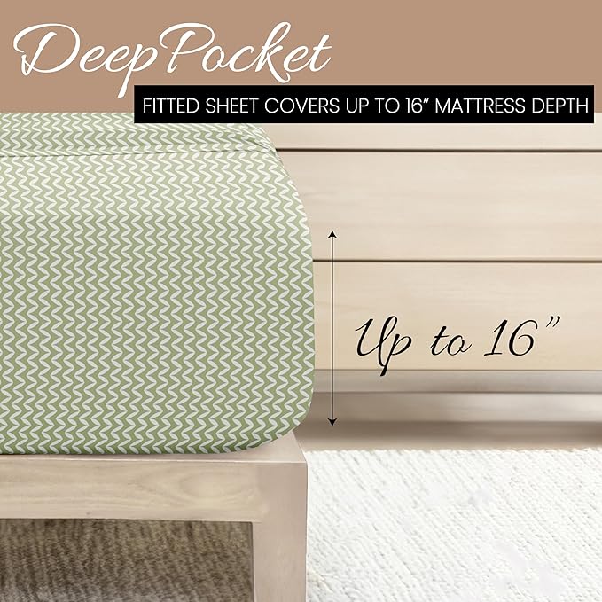 Linen Market Double-Brushed Patterned Microfiber California King Sheet Set 4 Piece – OEKO-TEX Certified Ultra Soft & Wrinkle-Free - 16" Deep Pocket Sheets Easy Care Cal-King Size - Puffed Chevron Sage