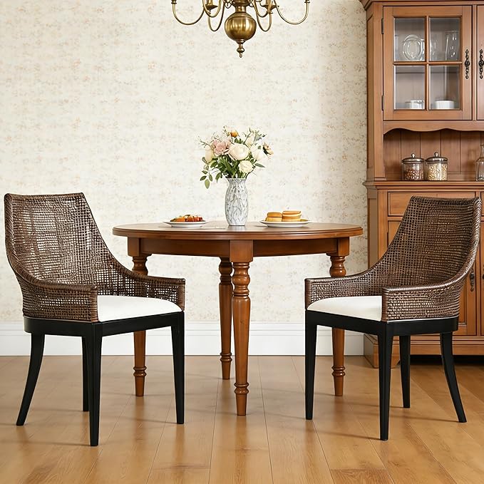DUHOME Natural Cane Mesh Rattan Accent Chair, Tropical Coastal Woven Back Armchair with Beige Fabric Cushion & Black Tapered Wood Legs, Ergonomic Comfort for Living Room Dining Room Bedroom