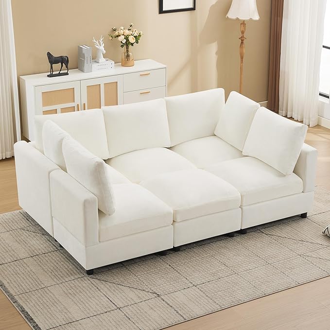 89'' Modular Sectional Cloud Sofa Bed, 6-Seater Convertible Sofa Couch with Ottoman, Modern Deep Seat Sleeper Sofa for Living Room, Chenille Beige