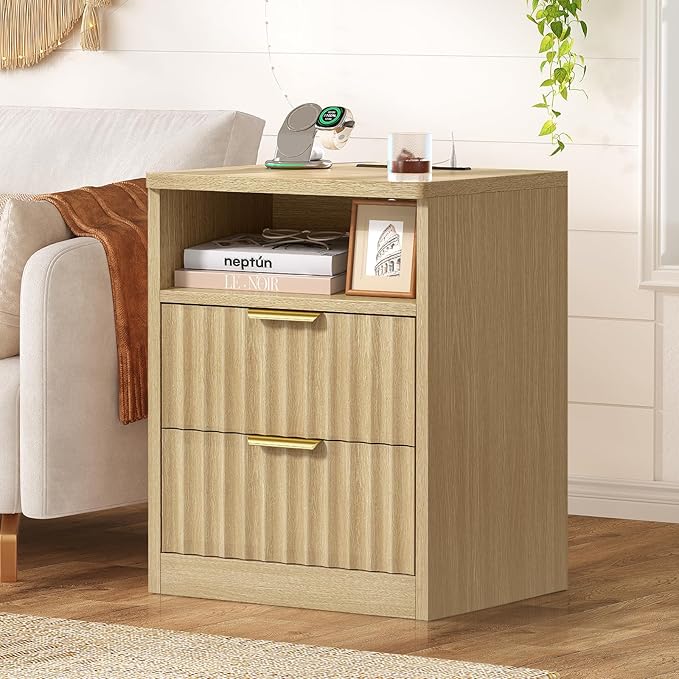 TEENFON Fluted Nightstands Set of 2, Night Stand with Charging Station and LED Light, Storage Drawer and Open Shelf, Modern Bedside Table for Small Space, for Bedroom, Natural