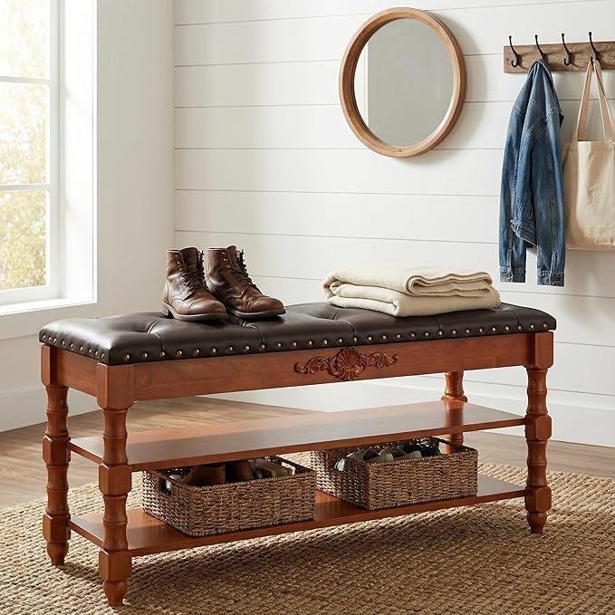 39-inch End of Bed Bench, Faux Leather Tufted Storage Bench with Lift Top Seat and 2 Tier Storage Shelves, Bedroom Bench Footrest Stool with Hidden Storage and Wood Leg, Vintage Style