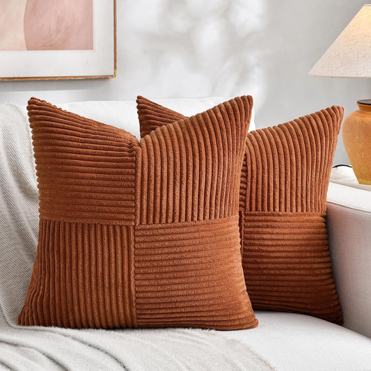 Fancy Homi 2 Packs Rust Samll Decorative Throw Pillow Covers 14x14 Inch with for Couch Bed, Rustic Farmhouse Boho Home Decor, Soft Corss Patchwork Corduroy Square Terracotta Cushion Case 35x35 cm
