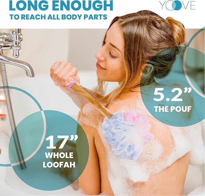 Yoove Loofah Back Scrubber w/Bamboo Charcoal Fiber Infused Bath Sponge, Wooden Handle, Luffa Pouf, Sponge Stick & Hanging Hook for Men & Women, Pink Loofah w/Handle, Loofa, Lufa Body Scrubber Stick