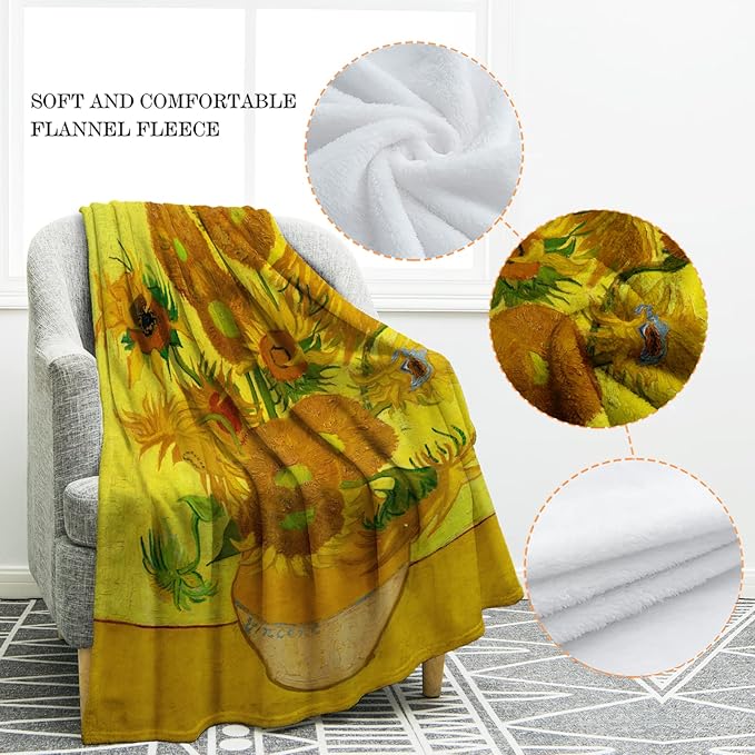 Jekeno Vase with Fifteen Sunflowers Blanket Gifts for Women Kids Girls Flower Floral Art Decor for Home Bedroom Living Room Soft Cozy Throw Blankets 50"x60"