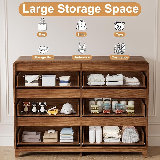3 Pcs Dresser Closet Bedroom Set, 6 Drawer Fluted Dresser and Nightstand Set of 2 with Charging Station, Modern Bedside Table Chest of Drawers Storage Cabinet Set for Bedroom, Living Room, Walnut