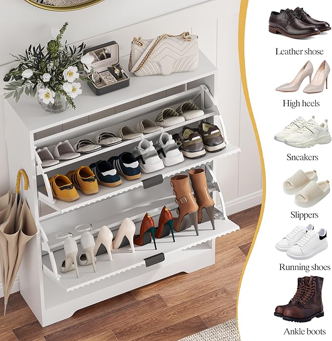 Shoe Cabinet Storage for Entryway with 2 Flip Drawers, White Fluted Shoe Cabinet with Open Storage, Wooden Hidden Shoe Rack Freestanding Narrow Slim Shoes Organizer for Hallway, Entrance