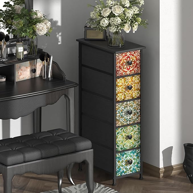 GiftGo Retro Skinny Dresser with Fabric Drawers Thin Slim Boho Mandala Flower Chest of Drawers Narrow Storage Tower for Small Spaces Gaps Bedroom Beautiful Nightstand Living Room Table