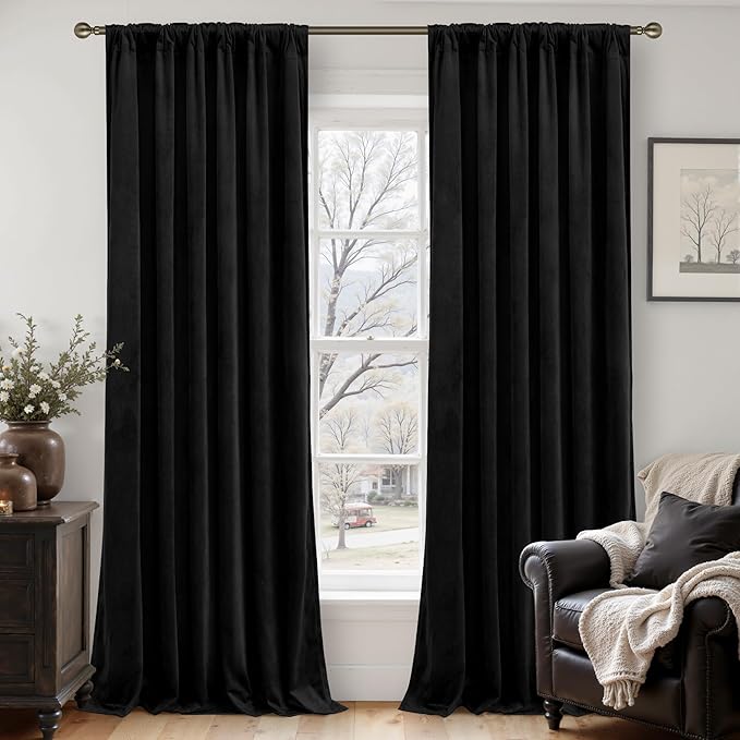 LAMIT Velvet Blackout Curtains for Bedroom 102 Inch Length, Halloween Black Room Darkening Thermal Panels Privacy Protected Back Tab and Rod Pocket Drapes for Living Room, 2 Panels, 52 x 102 Inch