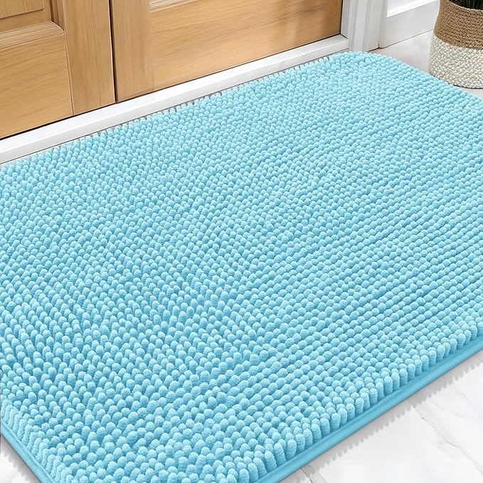 OLANLY Dog Door Mat for Muddy Paws 30x20, Absorbs Moisture and Dirt, Absorbent Non-Slip Washable Doormat, Quick Dry Chenille Mud Mat for Dogs, Entry Indoor Entryway Carpet for Inside Floor, Blue