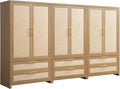 SICOTAS Armoire Wardrobe Closet, Larger Rattan Armoires Wardrobe Cabinet with 2 Larger Drawers and Hanging Rod, Tall Closet Storage Cabinet for Cloak Room, Laundry Room, Bedroom, Oak (3 Pieces)