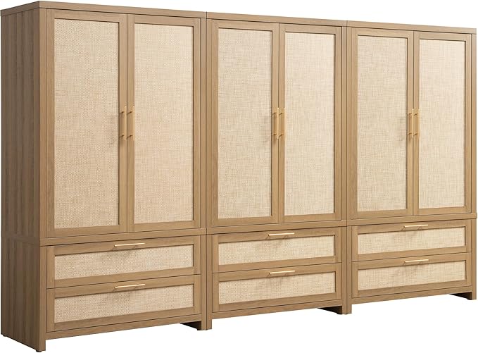 SICOTAS Armoire Wardrobe Closet, Larger Rattan Armoires Wardrobe Cabinet with 2 Larger Drawers and Hanging Rod, Tall Closet Storage Cabinet for Cloak Room, Laundry Room, Bedroom, Oak (3 Pieces)