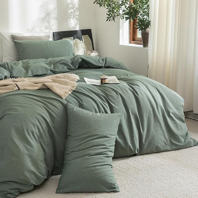 FOSSA Duvet Cover Set 100% Washed Cotton Linen Feel Super Soft Breathable Cozy Simple Style 3 Pieces Bedding Sets Solid Heathered Green Full/Double