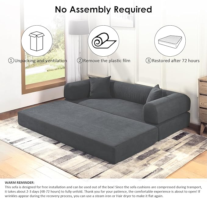 80” Convertible Sofa Bed, Cloud Boneless Couch Floor Sleeper Bed with Pillows, Corduroy Compression Sofa in Box, No Assembly Modular Lounge Couch for Living Room, Smog Gray