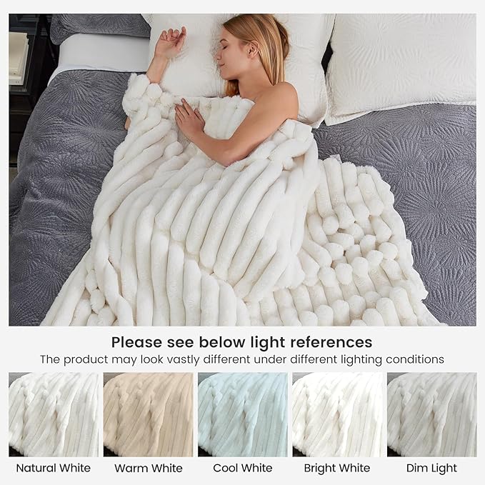 Cozy Bliss Faux Fur Throw Blanket for Couch, Cozy Warm Plush Striped Blanket for Sofa Bedroom Living Room, 108 * 90 Inches Cream White