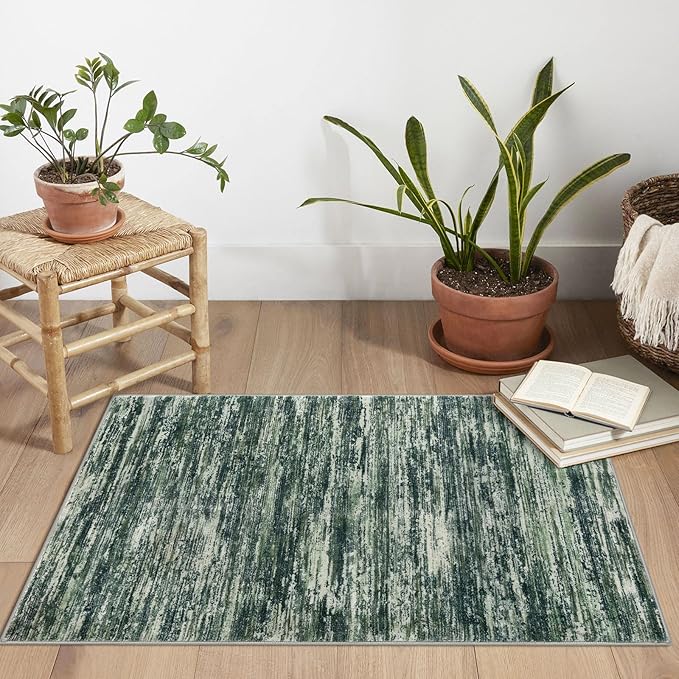 2x3 Modern Abstract Rug for Entryway, Dark Green Super Soft Small Area Rug, Washable Non-Slip Kitchen Rugs, Low-Pile Mat for Kitchen, Bedside, Indoor Door Mat