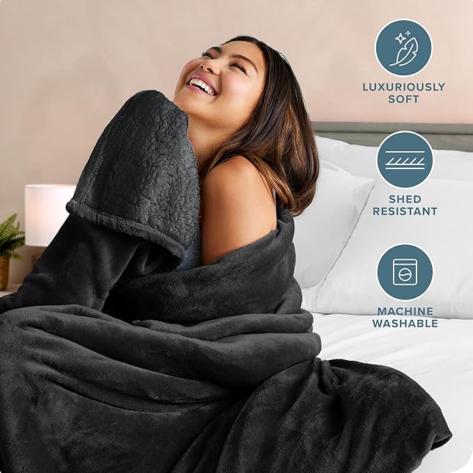 Bare Home Sherpa Fleece Blanket - Full/Queen Size - Blanket for Bed, Sofa, and Couch - Warm & Lightweight - Fluffy & Soft - Reversible (Full/Queen, Black with Black Sherpa)