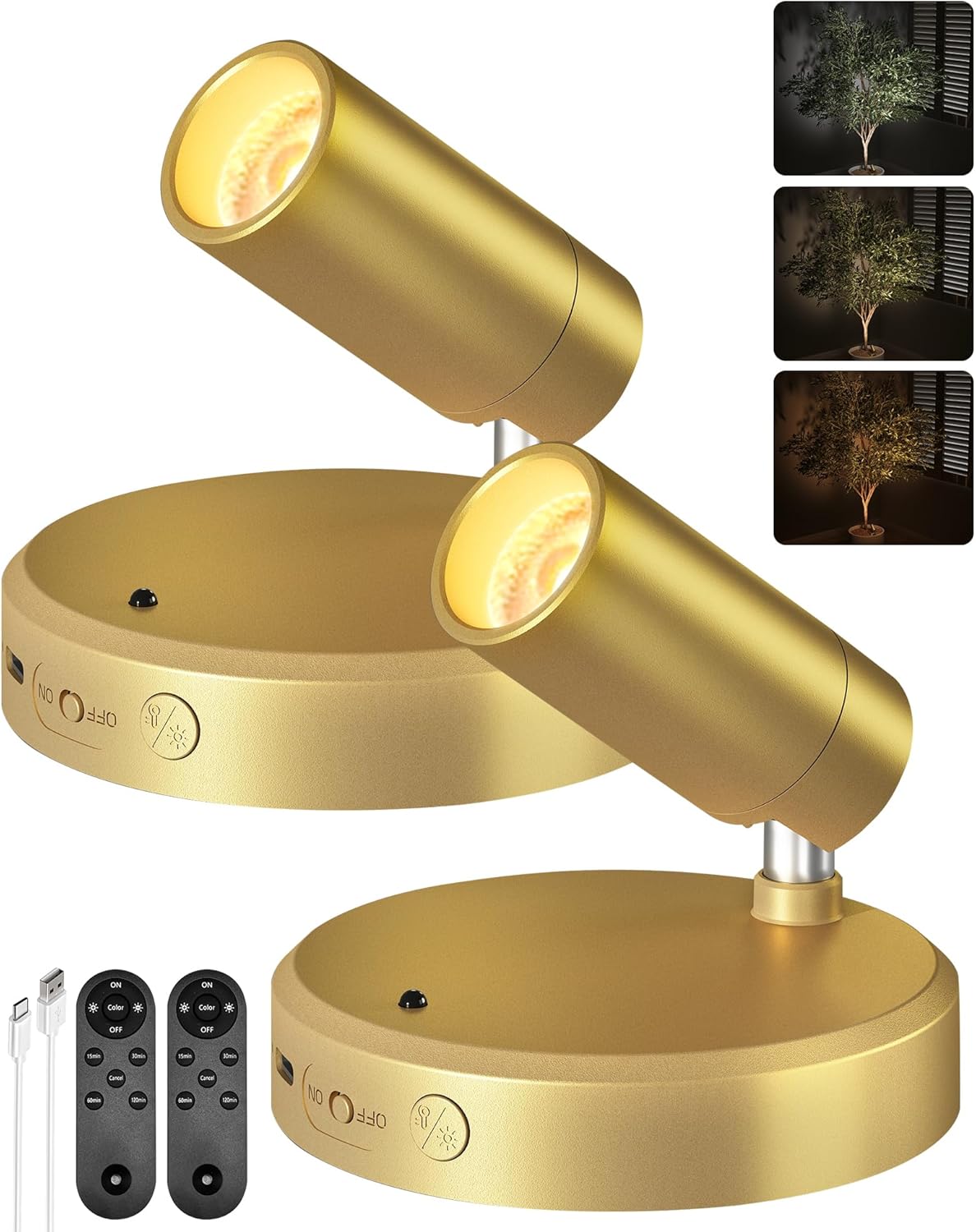 EZVALO LED Spotlight Indoor, 5500mAh Rechargeable Battery Uplighting Indoor, Wireless Mini Art Accent Spot Lights with Remote, for Plants Display Painting Dartboard Artwork Portrait Closet(2Pack-Gold)