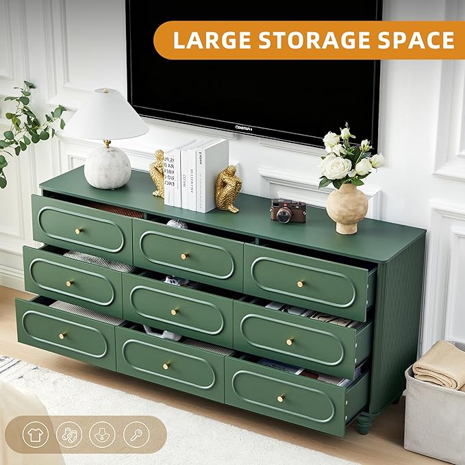 9 Drawer Fluted Dresser for Bedroom, Mid Century Modern Chest of Drawers, Wood Storage Small Dresser Organizer for Bedroom Living Room Hallway Closet, Green