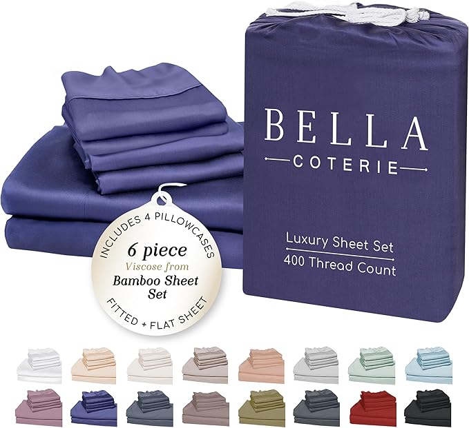 Bella Coterie 6 Piece Luxury Bamboo Viscose California King Size Sheet Set | 100% Organically Grown | Cooling for Hot Sleepers | 18" Deep Pocket | Soft & Hypoallergenic | 4 Pillowcases [Twilight Blue]