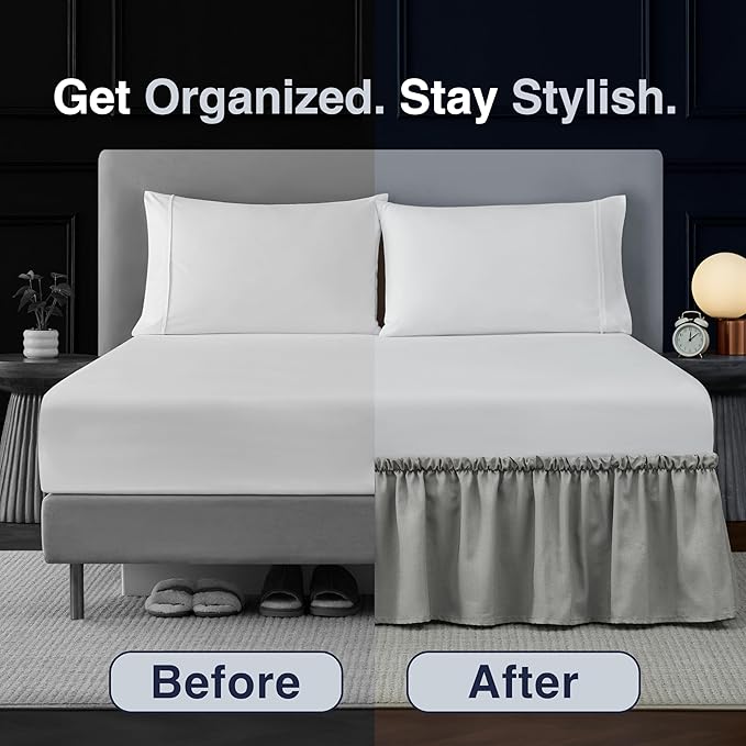 Bed Skirt King/California King Bed Skirt Wrap Around Ruffled Box Spring Cover, Easy Install, Washable 15" Drop Elastic Dust Ruffle by Casual Living, Easy Install, 78-inch x 80-inch, Grey