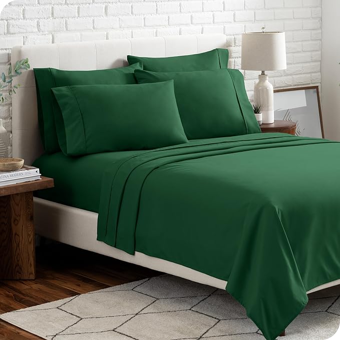 Bare Home Hotel Luxury Queen Sheet Set, Extra Soft - 6 Piece Set - Deep Pockets - Easy Fit - Cooling & Breathable - Wrinkle, Fade, Stain Resistant - Includes 4 Pillowcases (Queen, Forest Green)