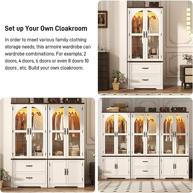 Tall Farmhouse 2 Doors Armoire Wardrobe Closet with LED ,72" Freestanding Arched Wardrobe Closet Cabinet for Bedroom w Glass Doors/Drawers,Wooden Clothing Storage Cabinet,Closets for Bedroom(White)