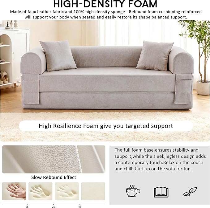 78.5" Convertible Sleeper Sofa Bed, Faux Leather Deep Seat Folding Floor Sofa with Pullout Bed & 2 Pillows, No Assembly Modern Boneless Couch Compression Sofa in Box for Living Room, Office, Beige