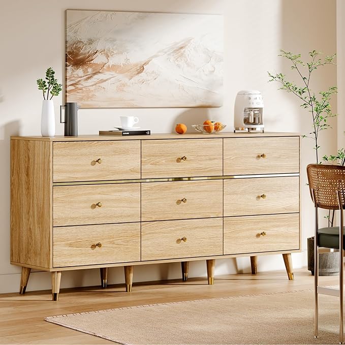 9 Drawer Dresser,63" Wide Mid Century Modern Chest of Drawers,Wooden Bedroom Drawer Dresser with 9 Storage Drawers for Bedroom, Living Room,with Anti-Tipping Device,Natural