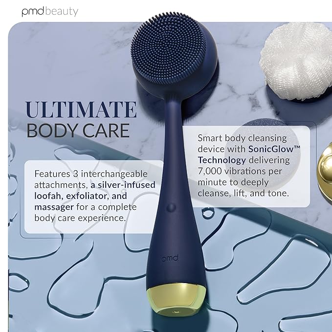 PMD Clean Body - Smart Body Cleansing Device with Silicone Brush & Three Interchangeable Attachments - Waterproof - SonicGlow Vibration - Cleanse, Exfoliate, & Massage Body