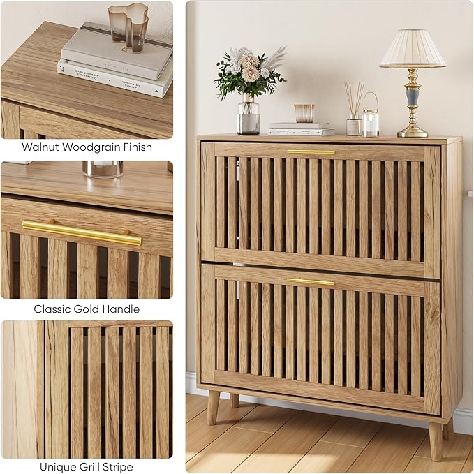 Shoe Storage Cabinet with 2 Flip Slatted Drawers, Narrow Freestanding Shoe Cabinet with Gold Handle, Hidden Entryway Shoe Organizer for Hallway, Foyer, Natural Oak