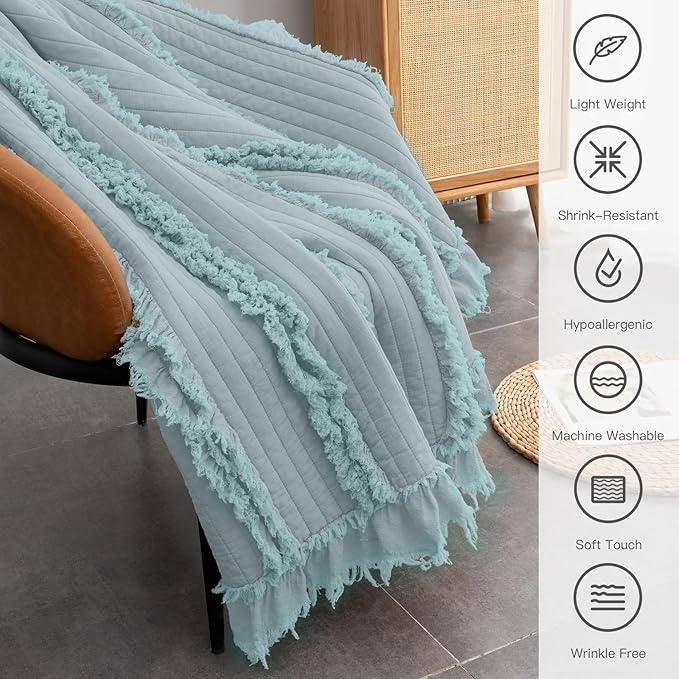 Ultra Soft Pre-Washed Quilted Boho Blue Green King Size Blankets for Bed, Ruffle Fringed Decorative Throw, Stone Washed Chic Rustic Blanket for Sofa Couch Bed, 104"*90"