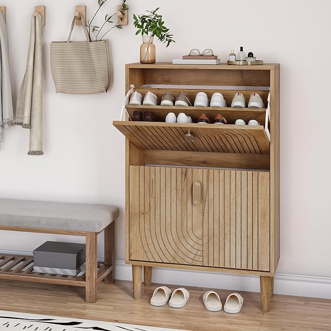 Smuxee Shoe Cabinet with 2 Flip Drawers, 23.6" Oak Hidden Shoe Storage Cabinet with Line Groove Design, Freestanding Shoe Organizer Cabinet for Entryway, Hallway, Living Room